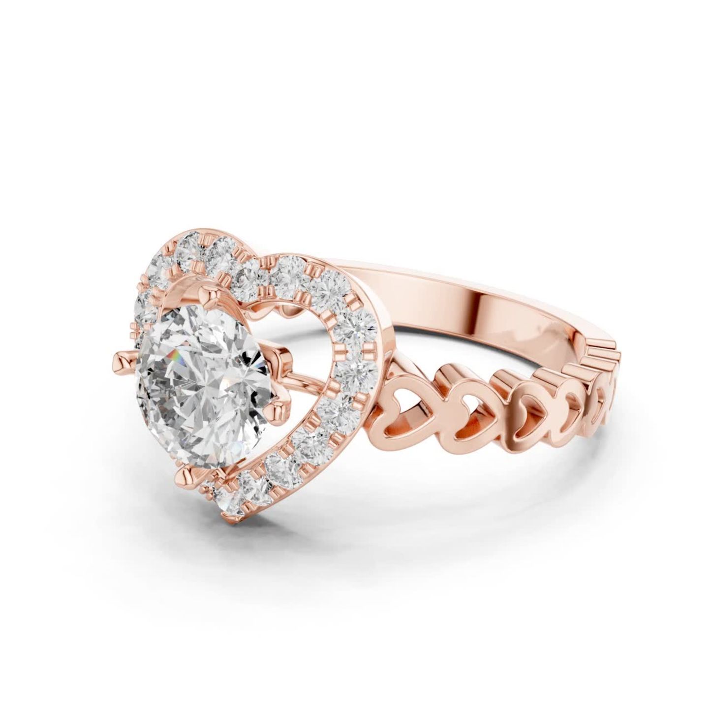 Round Diamond Ring with Heart Inspired Halo Design | Love in Bloom