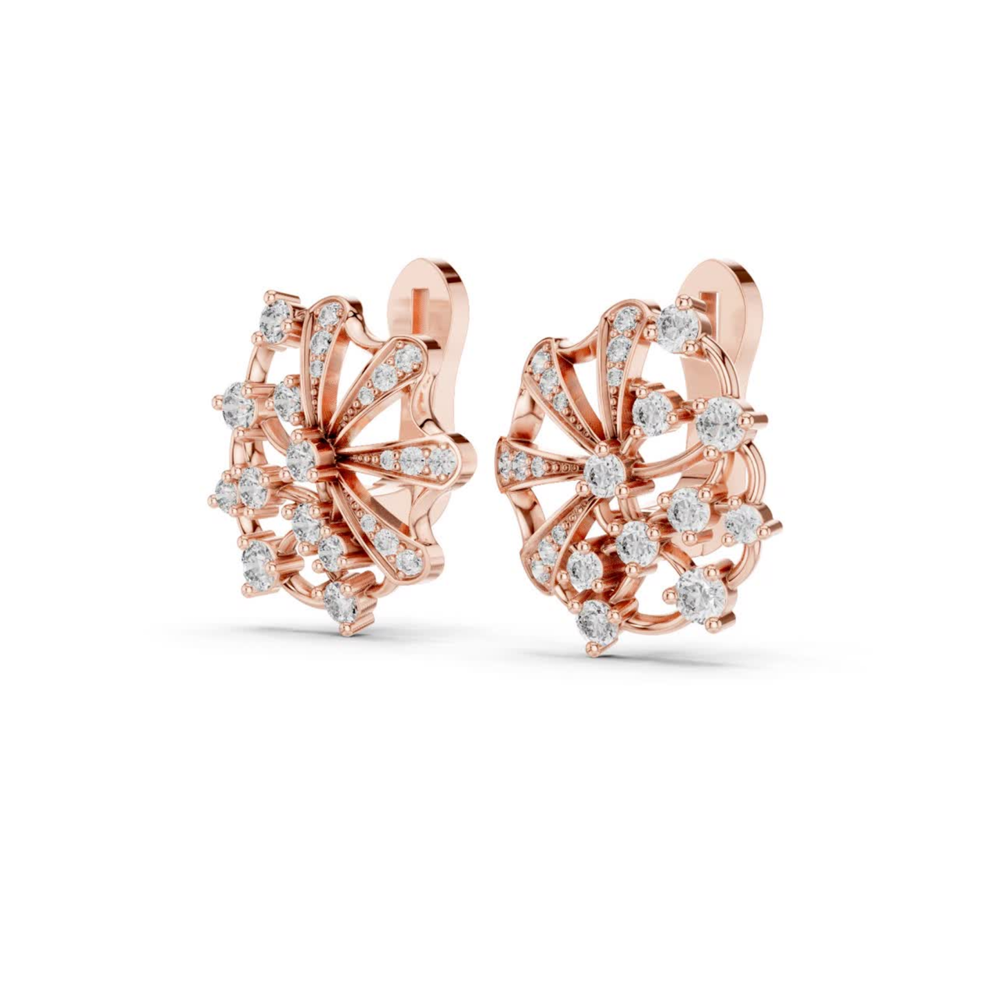 Floral Diamond Stud Earrings with Openwork Fan Design | Radiant Bloom
