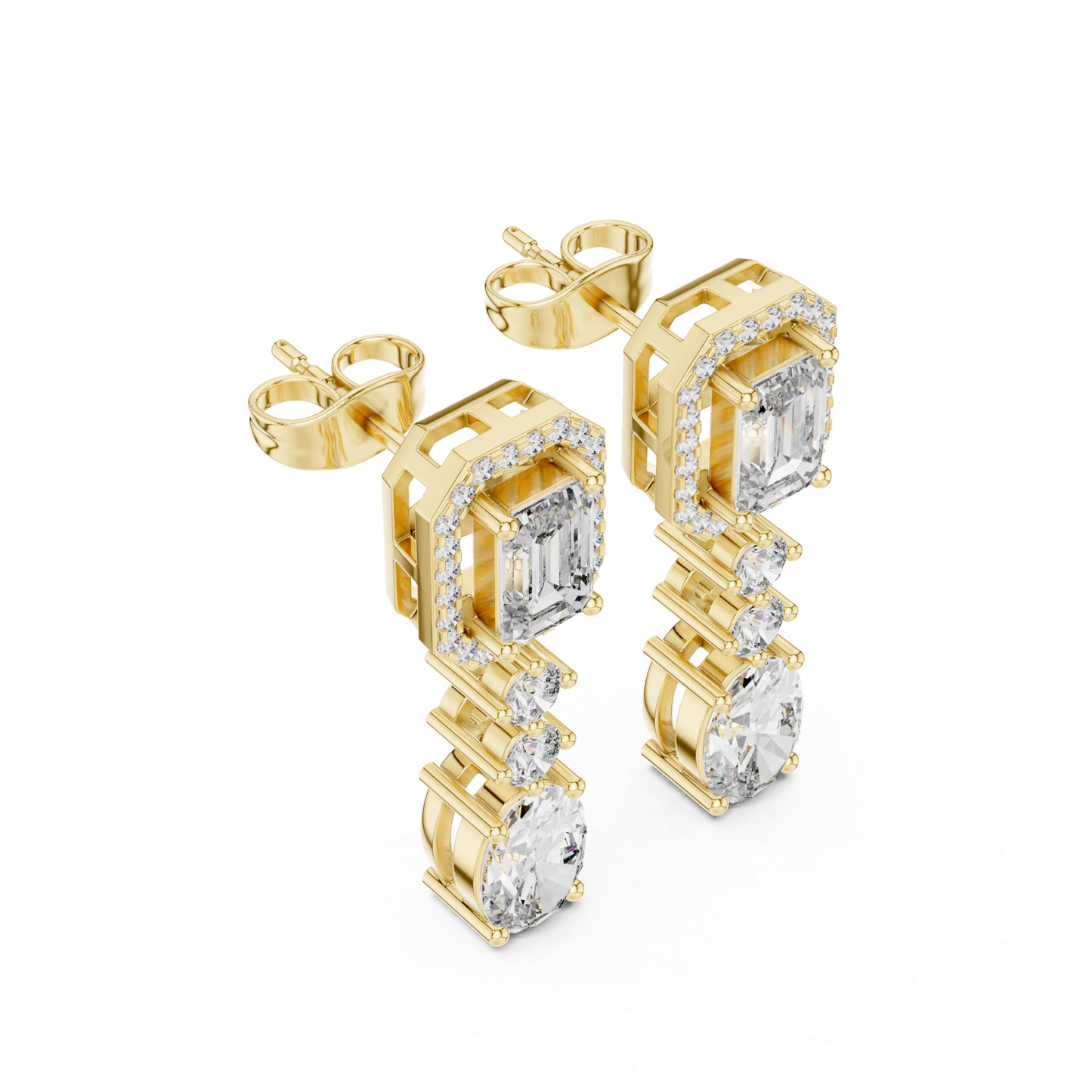 Emerald Cut Halo Drop Diamond Earrings | Luxury Dangle Style