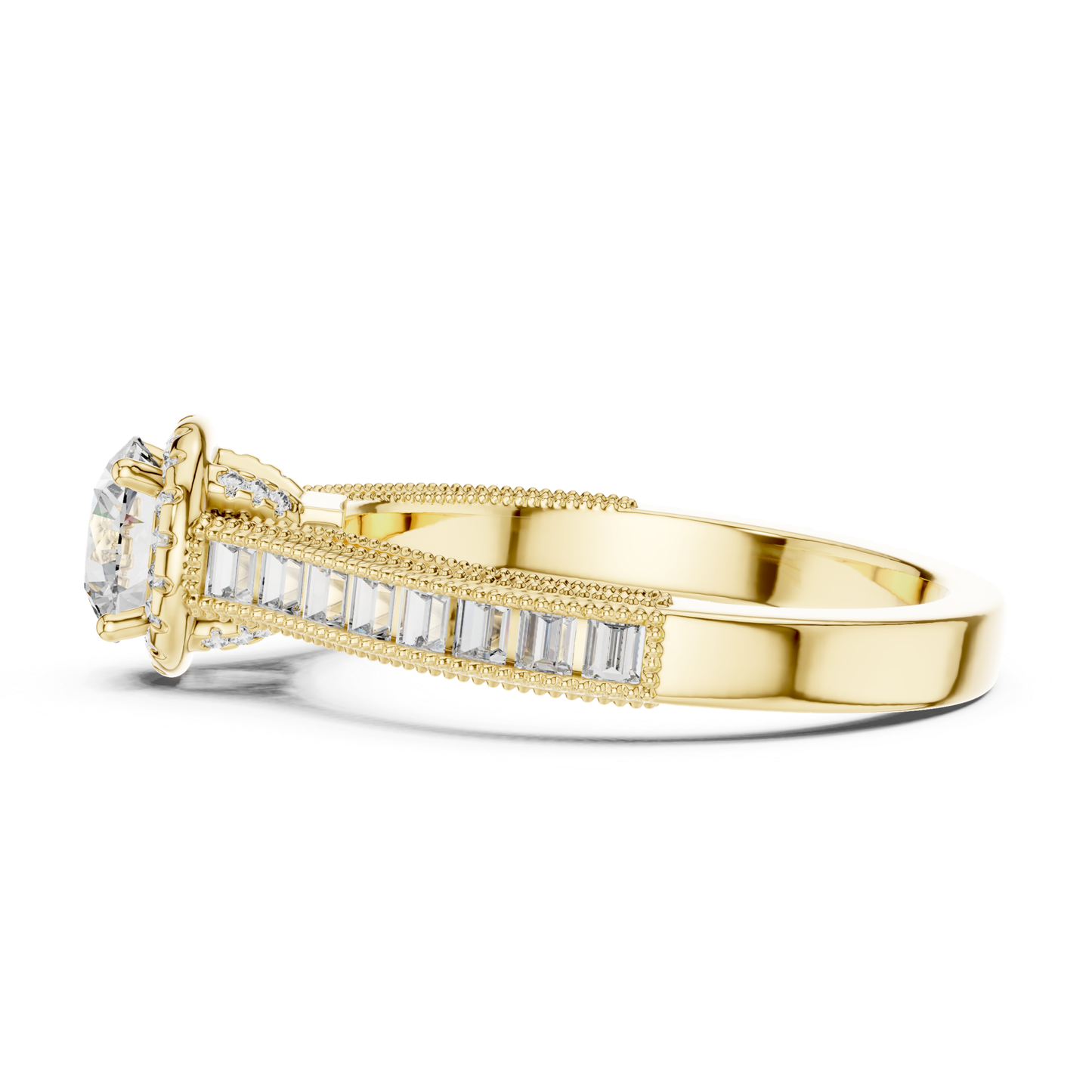 Round Diamond Ring With Baguette Side Stones Band | 18K Gold