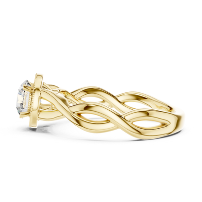 Round Halo Diamond Ring With Twisted Band Design | 18K Gold