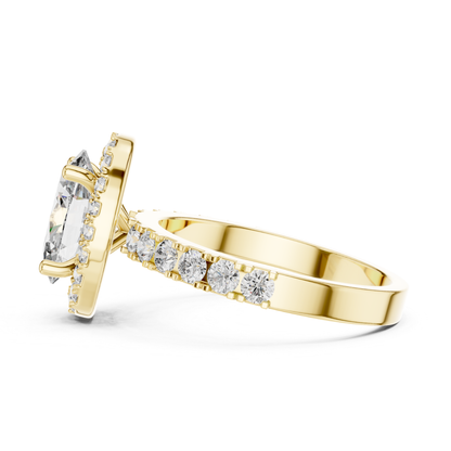 Oval Shape Halo Diamond Ring With Side Round Diamonds | 18K