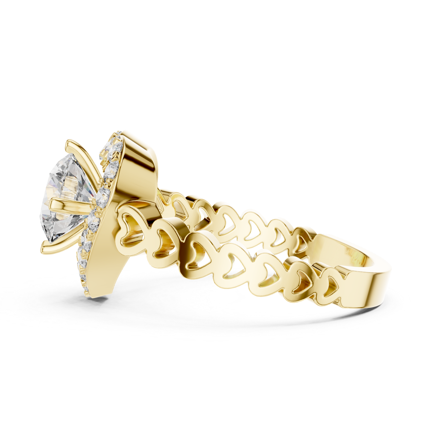 Round Diamond Ring with Heart Inspired Halo Design | Love in Bloom