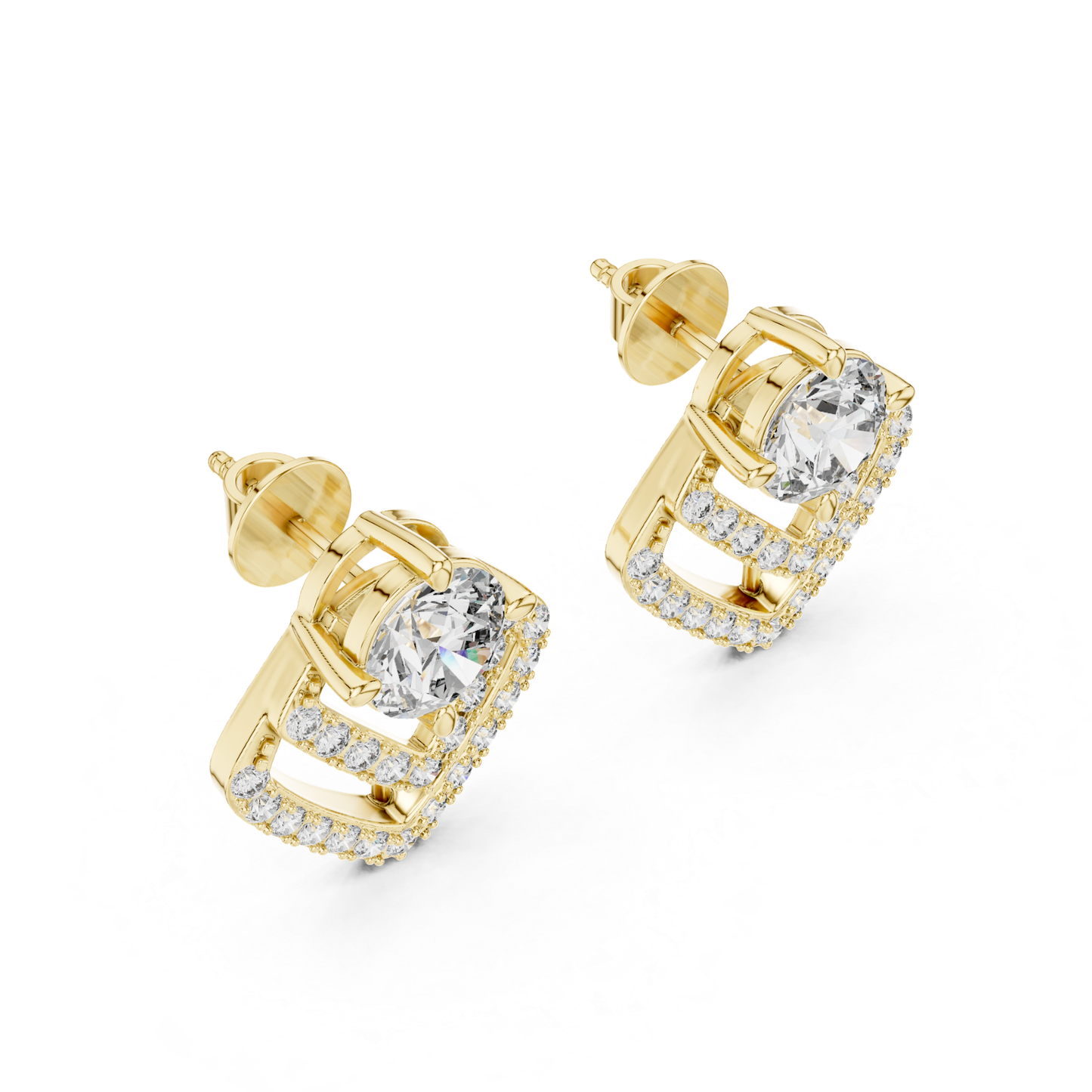 Round Diamond Chevron Halo Stud Earrings | Prong 18K Gold
