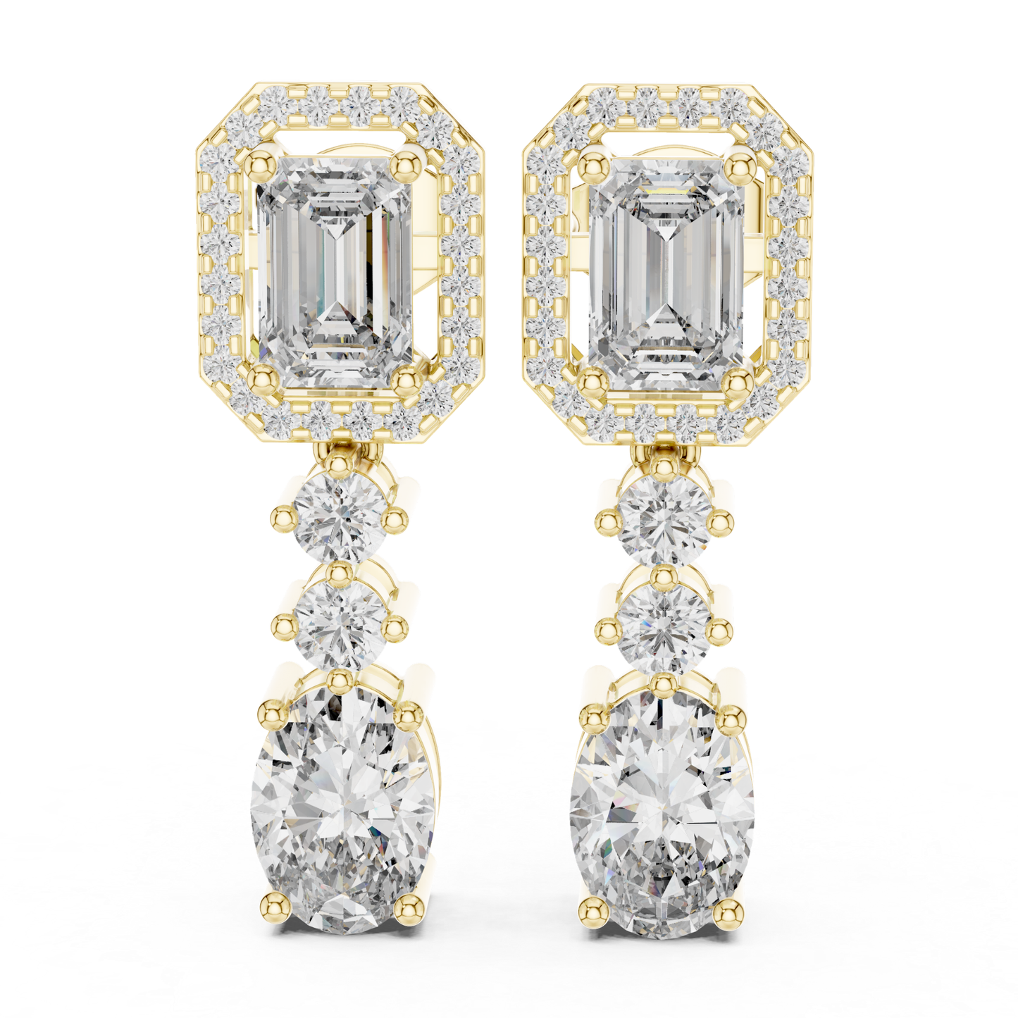 Emerald and Oval Diamond Drop Earrings with Halo Elegance | Luxury Jewelry