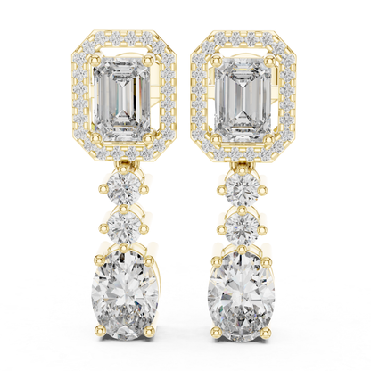 Emerald and Oval Diamond Drop Earrings with Halo Elegance | Luxury Jewelry