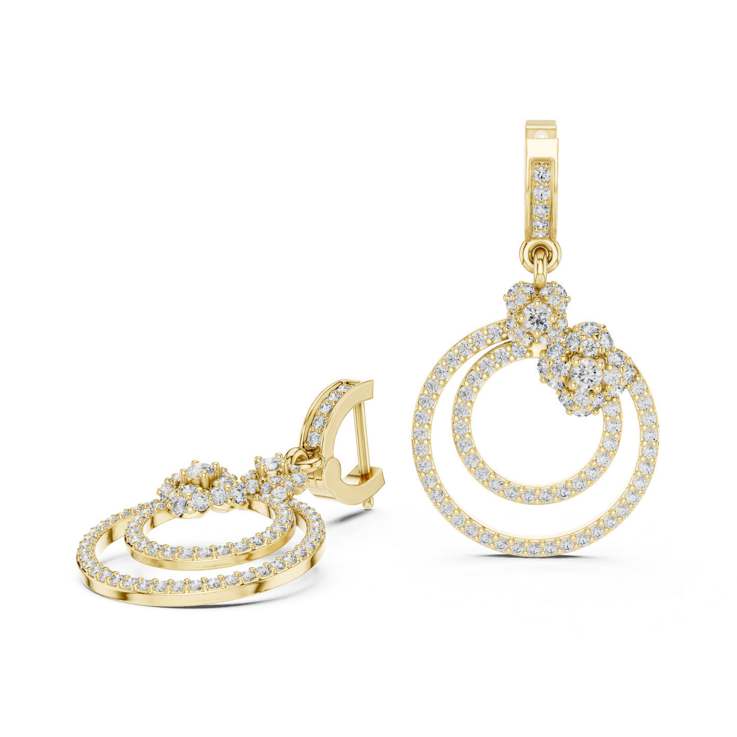 Double Circle Diamond Drop Earrings with Floral Accent | Modern Luxury