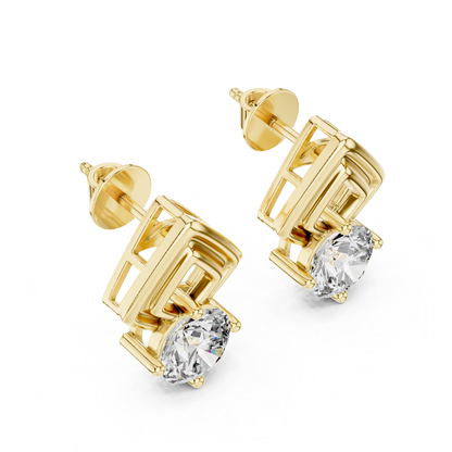 Round Diamond Geometric Stud Earrings | Prong Set 18K Gold