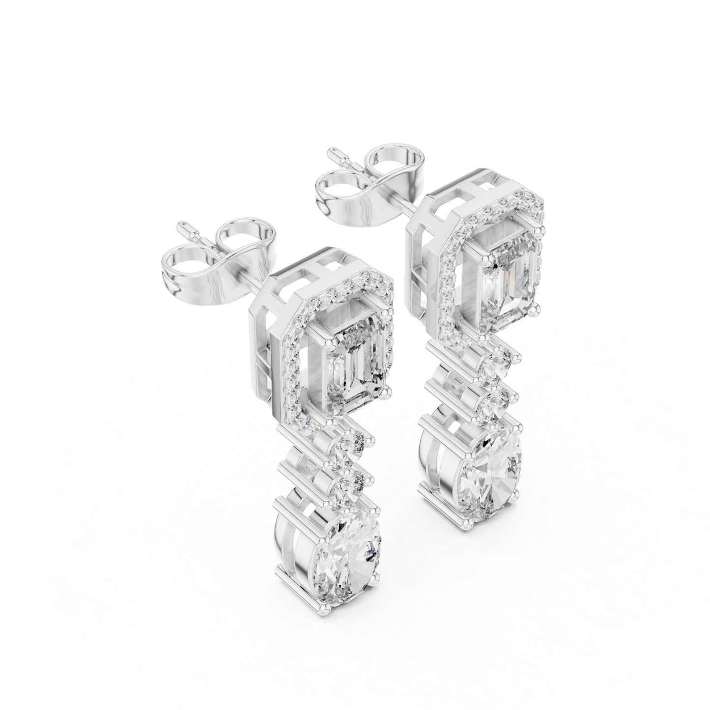 Emerald Cut Halo Drop Diamond Earrings | Luxury Dangle Style
