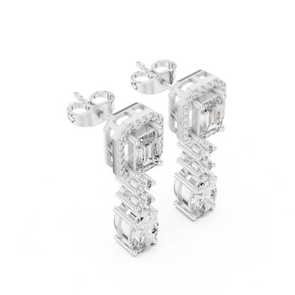 Emerald Cut Halo Drop Diamond Earrings | Luxury Dangle Style