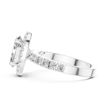 Oval Shape Halo Diamond Ring With Side Round Diamonds | 18K