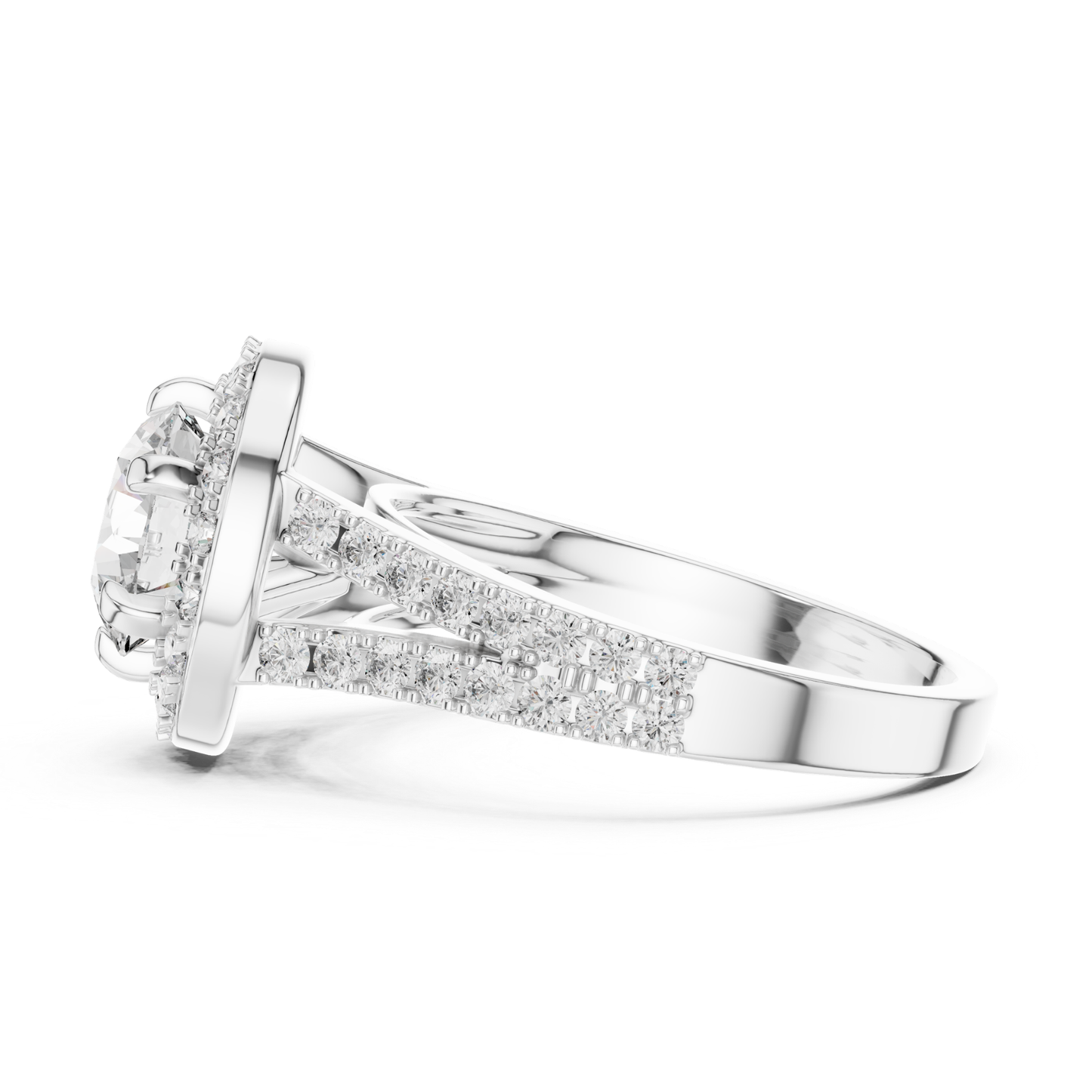 Round Halo Diamond Ring With Double Row Side Diamonds | 18K
