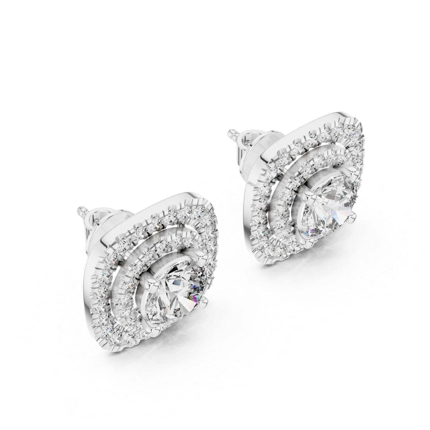 Runde Diamant-Ohrstecker mit doppeltem Halo und Krappenfassung | 18K Gold
