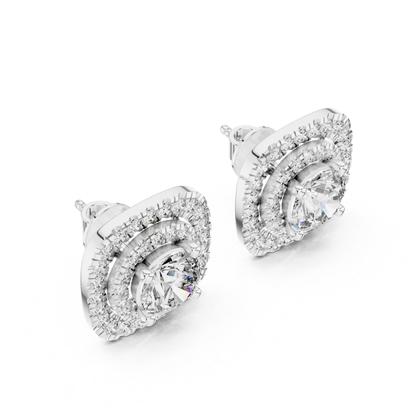 Runde Diamant-Ohrstecker mit doppeltem Halo und Krappenfassung | 18K Gold