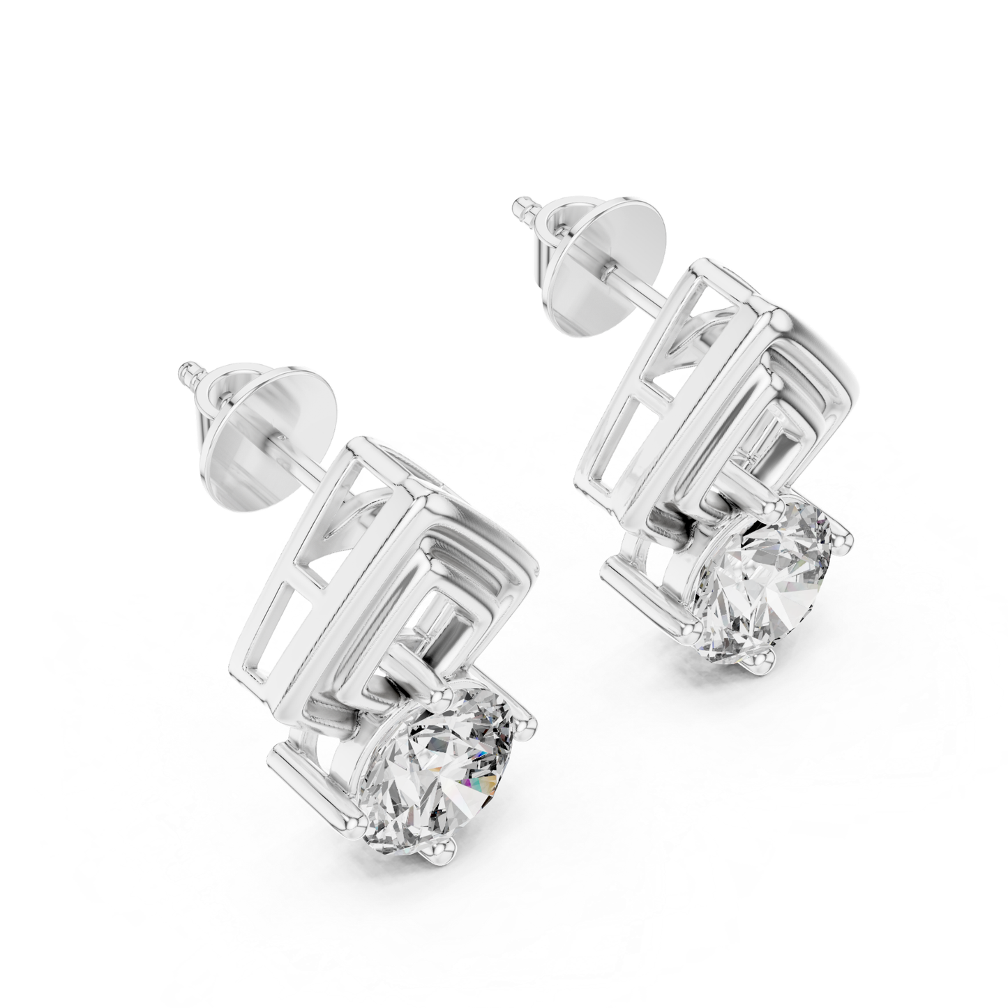 Round Diamond Geometric Stud Earrings | Prong Set 18K Gold