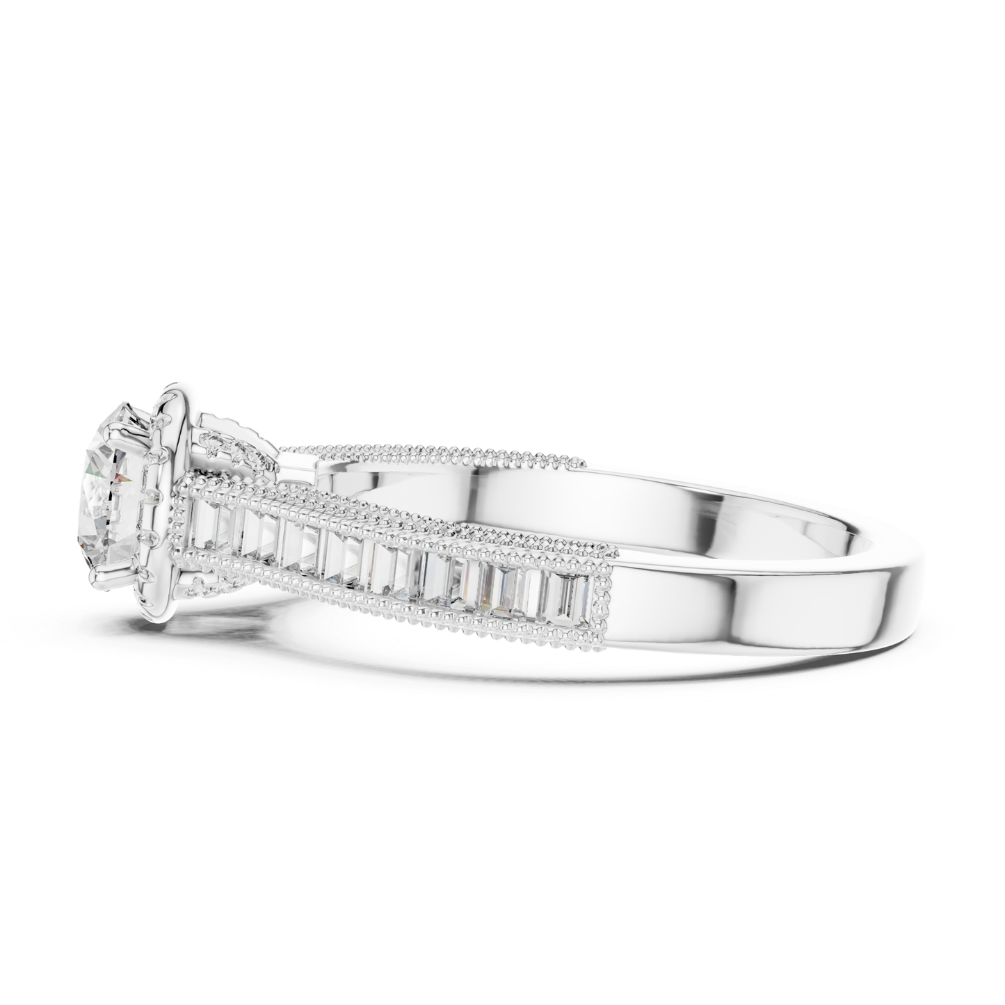 Round Diamond Ring With Baguette Side Stones Band | 18K Gold