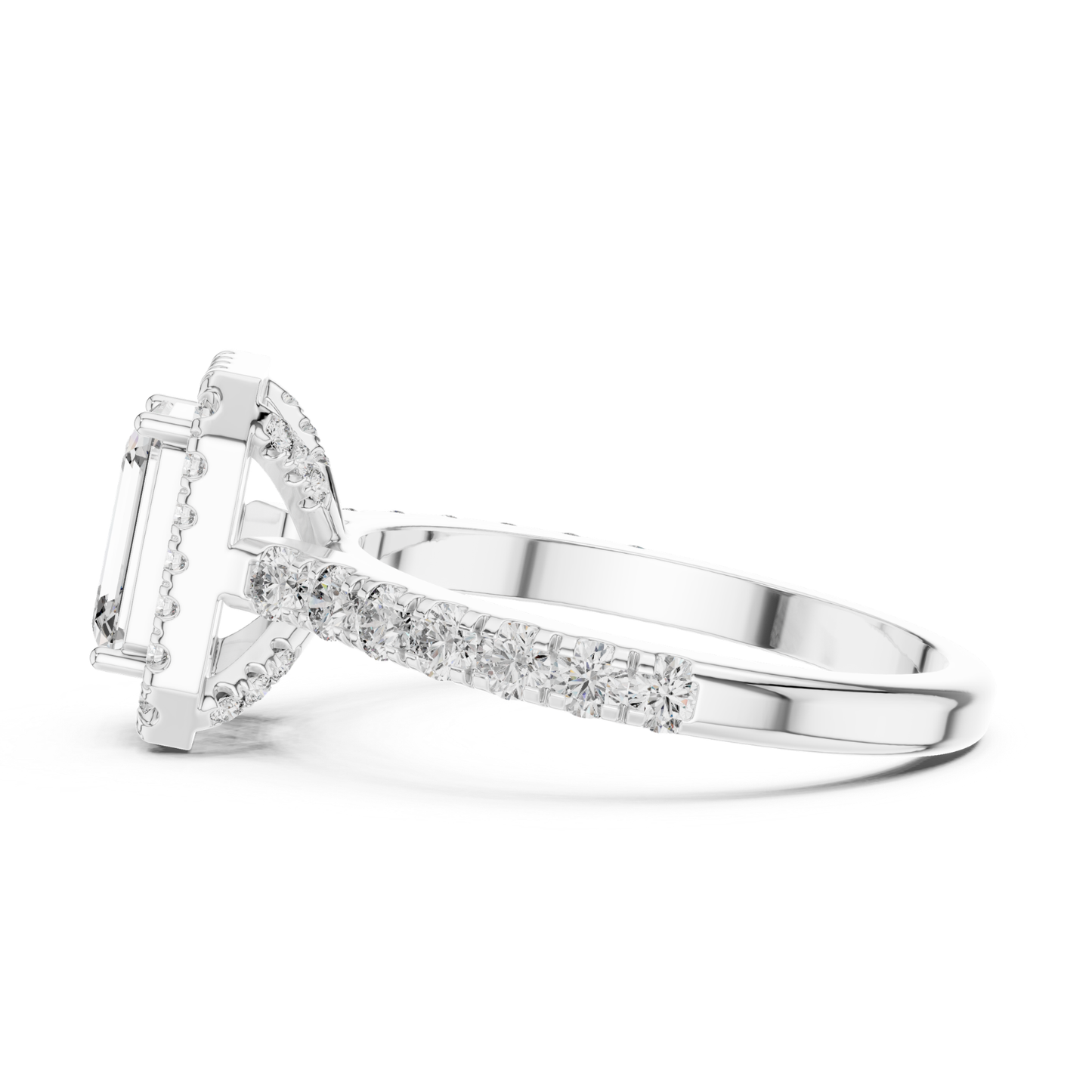 Emerald Cut Diamond Halo Ring with Pave Band | Iced to Perfection