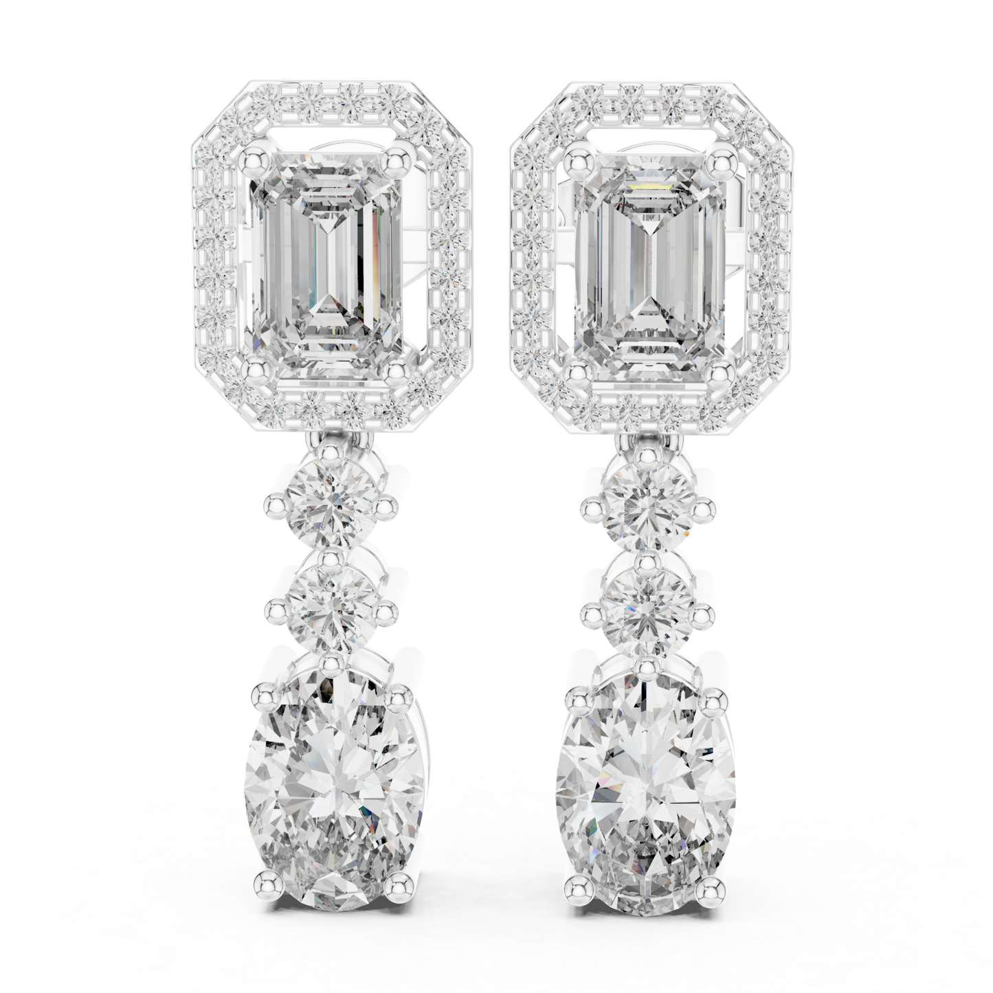 Emerald and Oval Diamond Drop Earrings with Halo Elegance | Luxury Jewelry