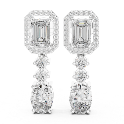 Emerald and Oval Diamond Drop Earrings with Halo Elegance | Luxury Jewelry