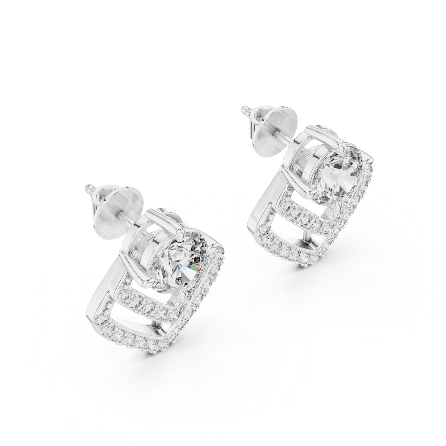 Round Diamond Chevron Halo Stud Earrings | Prong 18K Gold