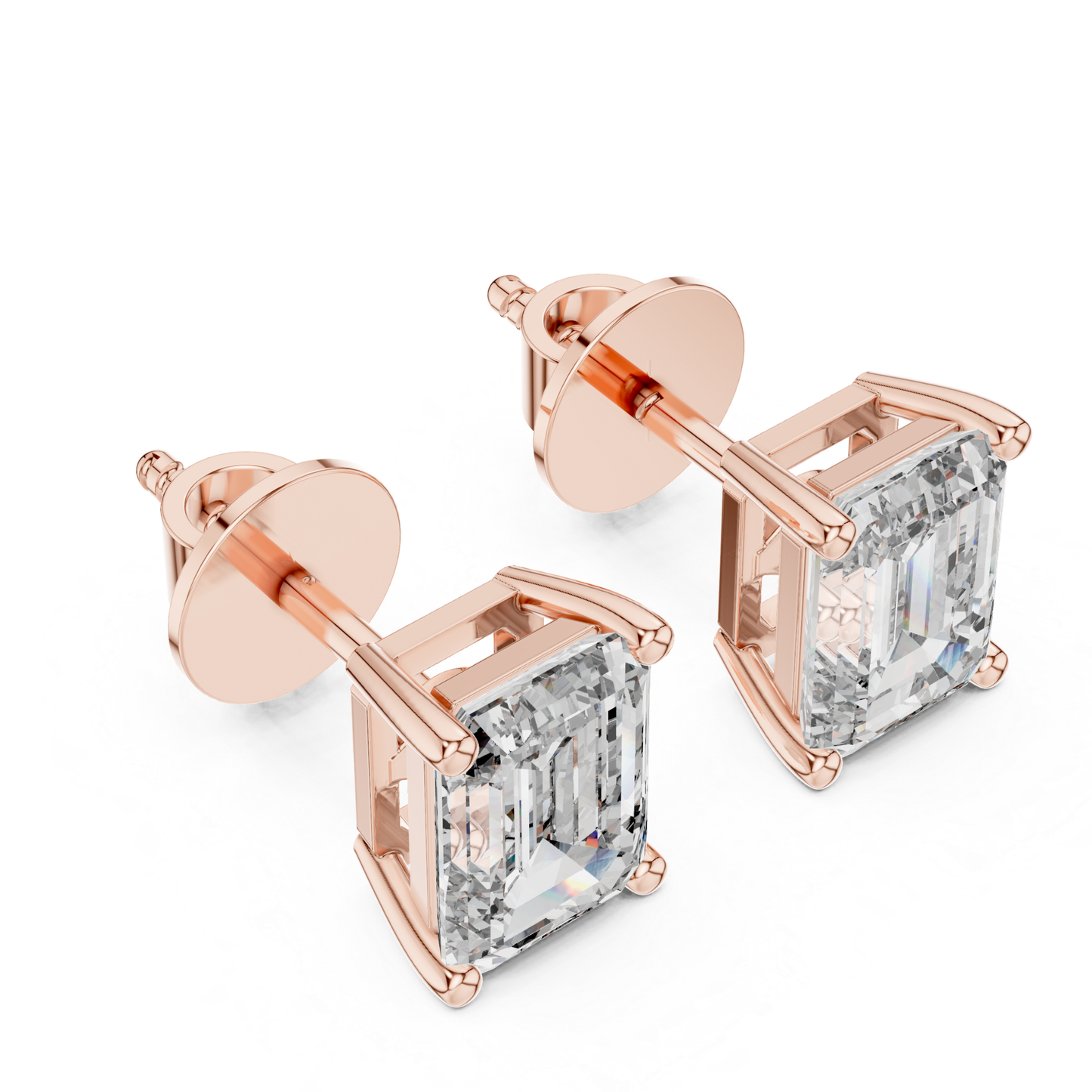 Emerald Cut Diamond Stud Earrings | Prong Setting 18K Gold