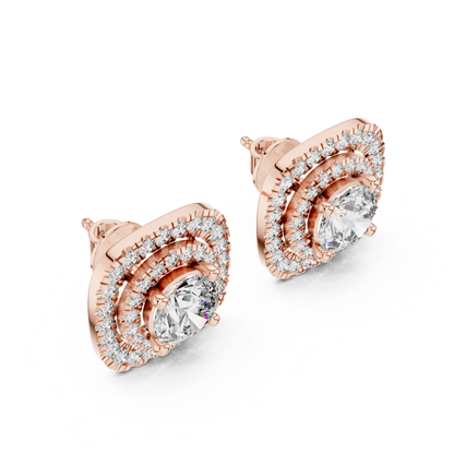 Runde Diamant-Ohrstecker mit doppeltem Halo und Krappenfassung | 18K Gold