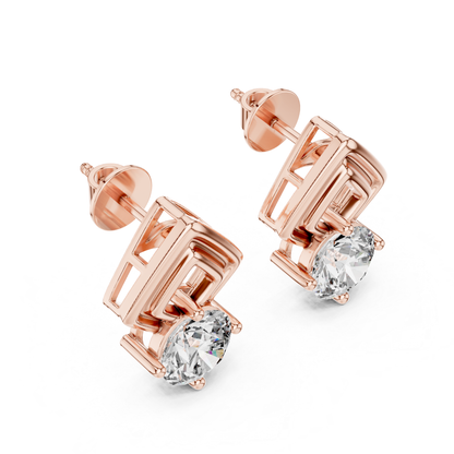 Round Diamond Geometric Stud Earrings | Prong Set 18K Gold