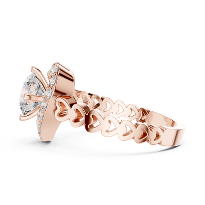 Round Diamond Ring with Heart Inspired Halo Design | Love in Bloom