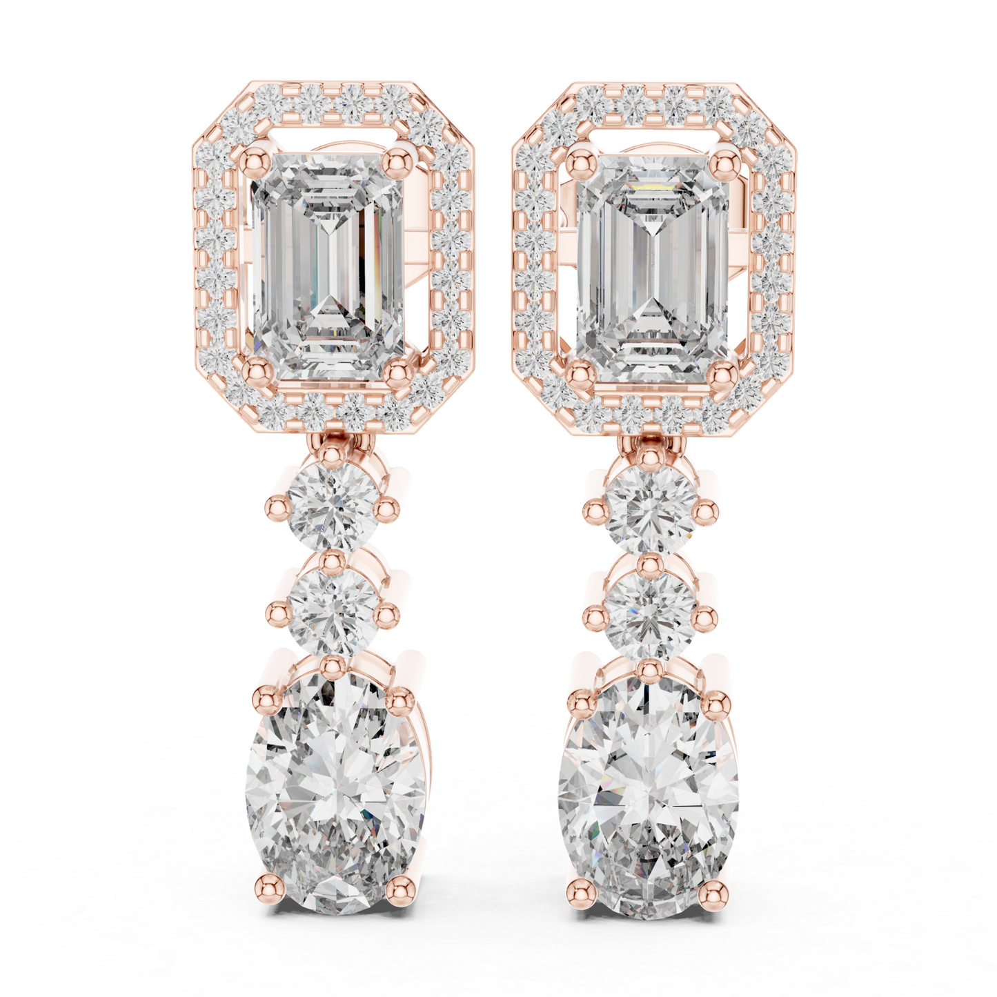 Emerald and Oval Diamond Drop Earrings with Halo Elegance | Luxury Jewelry
