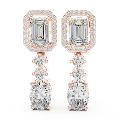 Emerald and Oval Diamond Drop Earrings with Halo Elegance | Luxury Jewelry