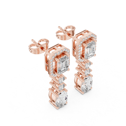 Emerald Cut Halo Drop Diamond Earrings | Luxury Dangle Style