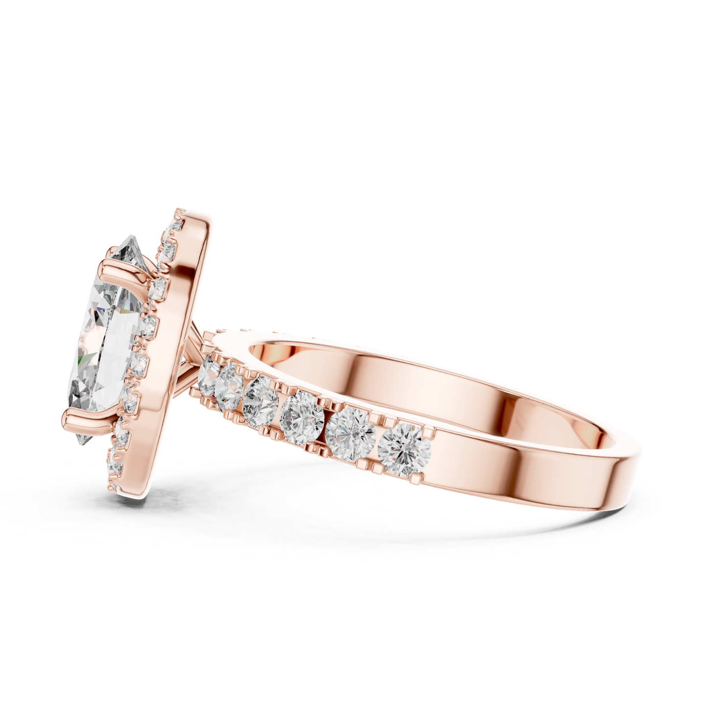 Oval Shape Halo Diamond Ring With Side Round Diamonds | 18K