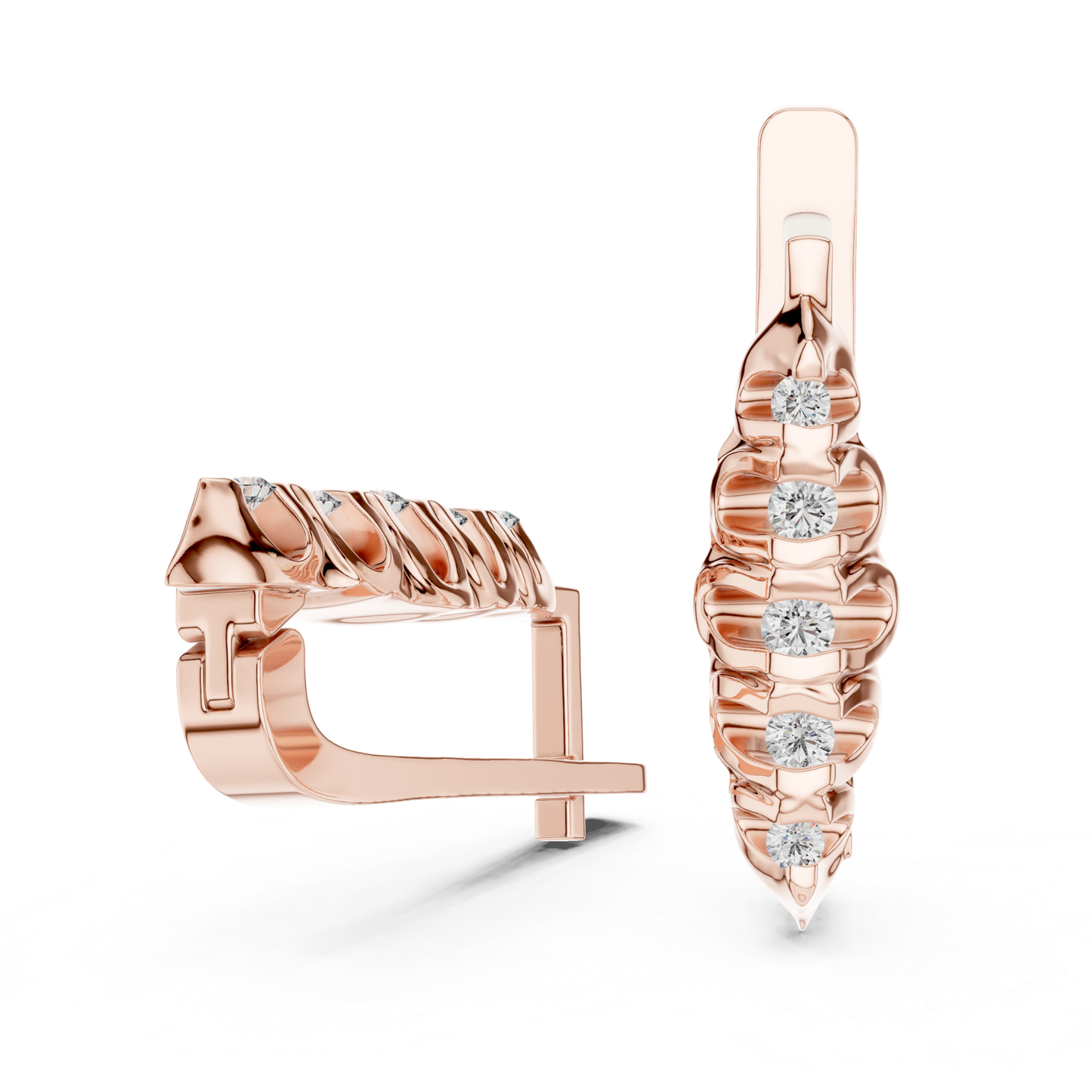 Ribbed Diamond Hoop Earrings with Round Brilliance | Modern Gold Elegance