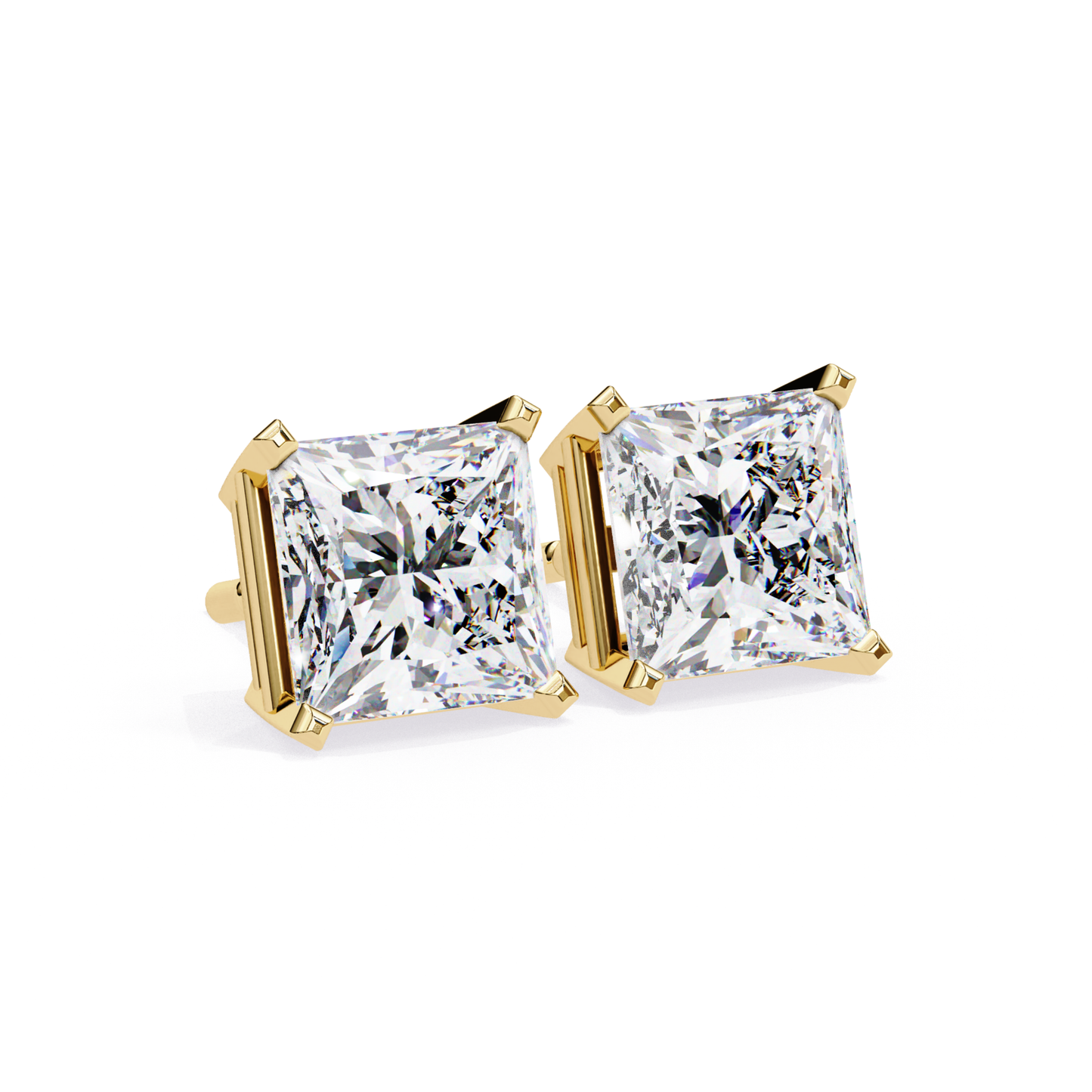 Angle View Radiant Cut Diamond Stud In Yellow Gold Corner Prong Setting