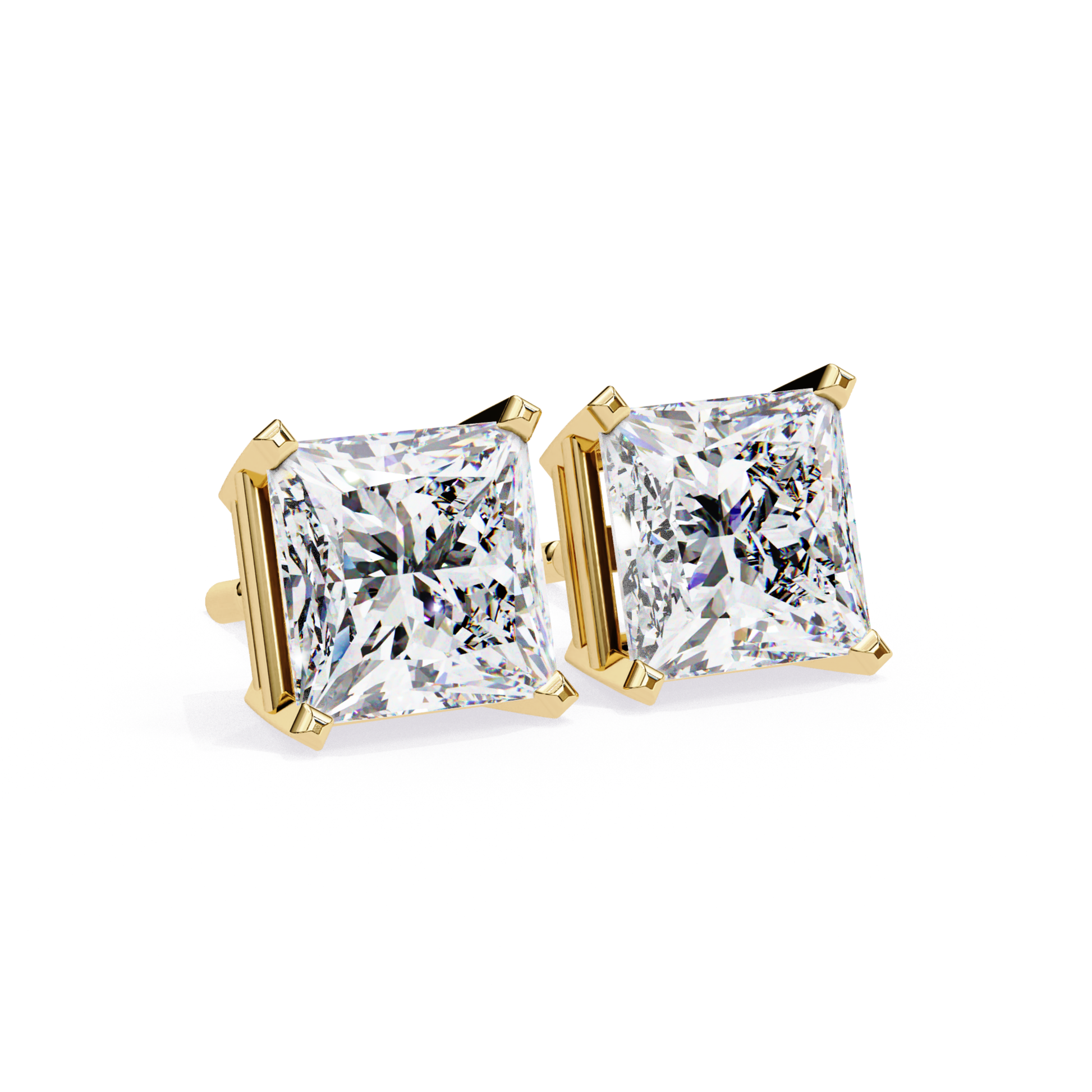 Angle View Radiant Cut Diamond Stud In Yellow Gold Corner Prong Setting