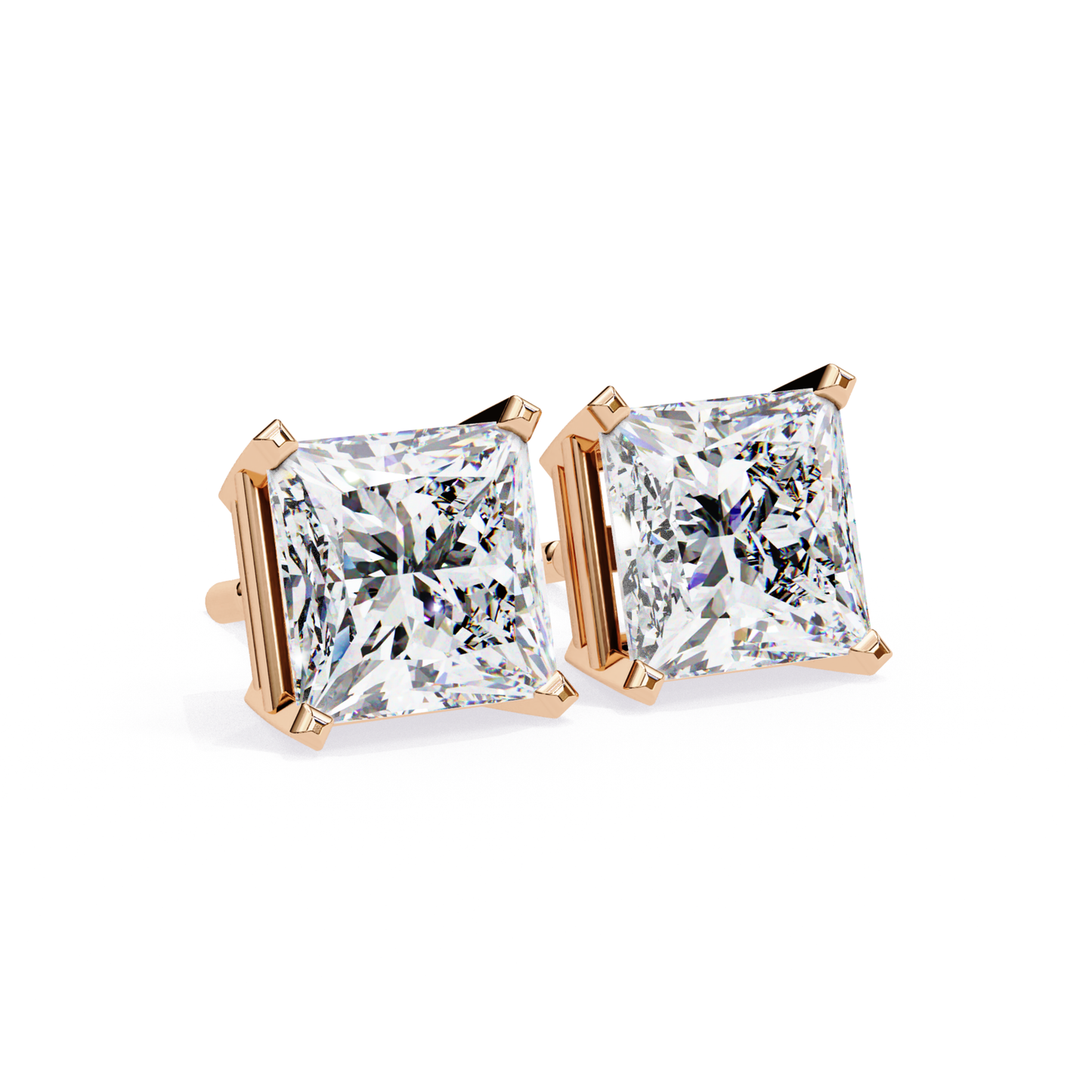 Angle View Radiant Cut Diamond Stud In Rose Gold Prong Mount