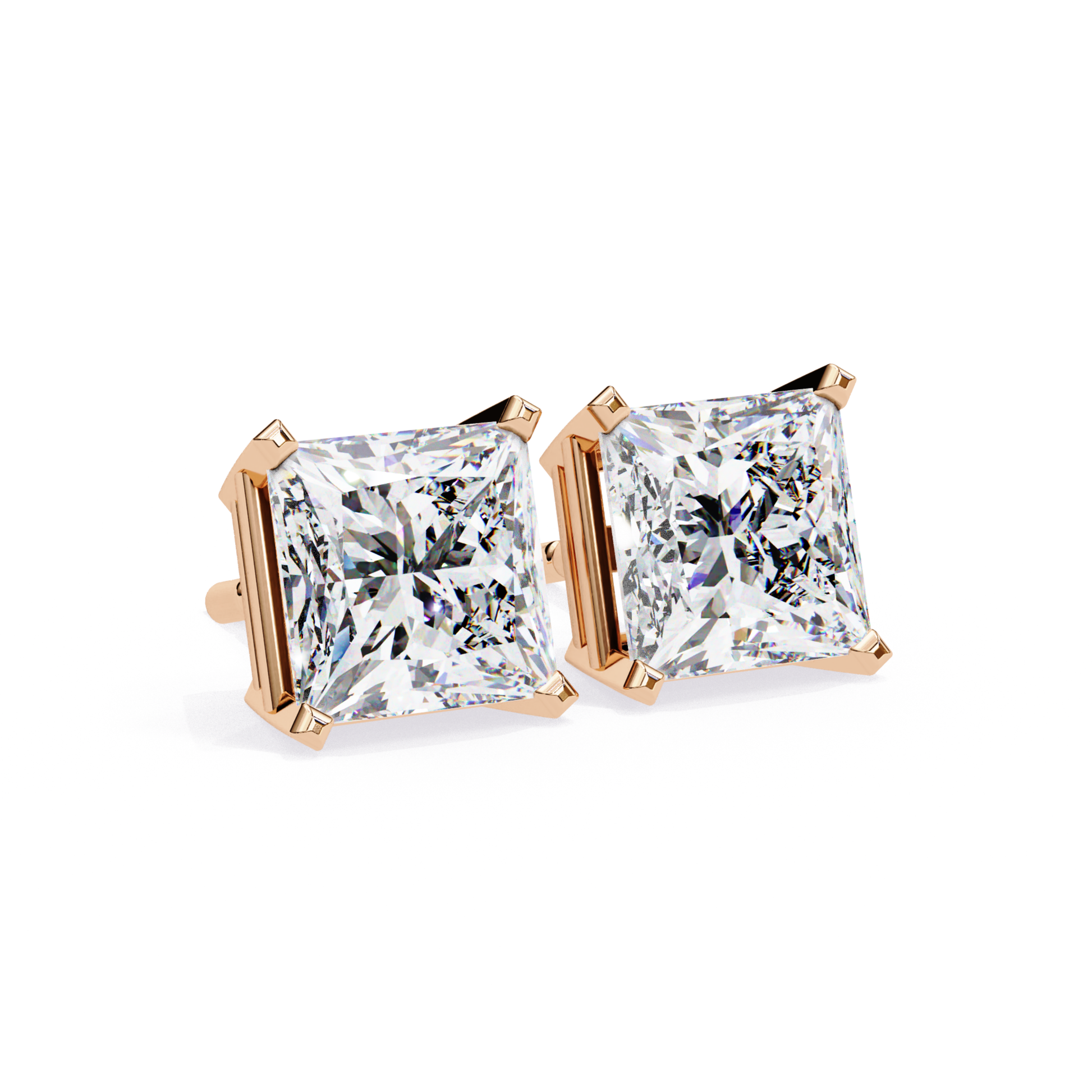 Angle View Radiant Cut Diamond Stud In Rose Gold Prong Mount