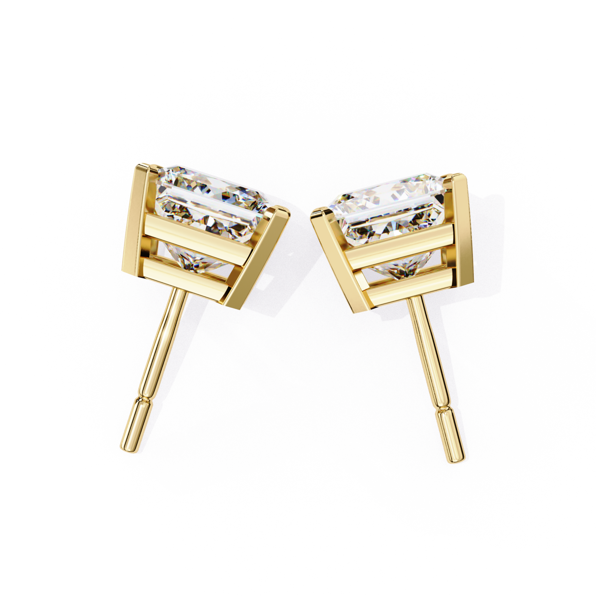 Back View Radiant Cut Diamond Stud In Yellow Gold Open Basket Setting