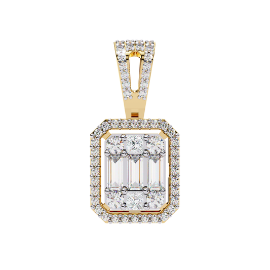 Rectangular halo pendant with baguette diamonds