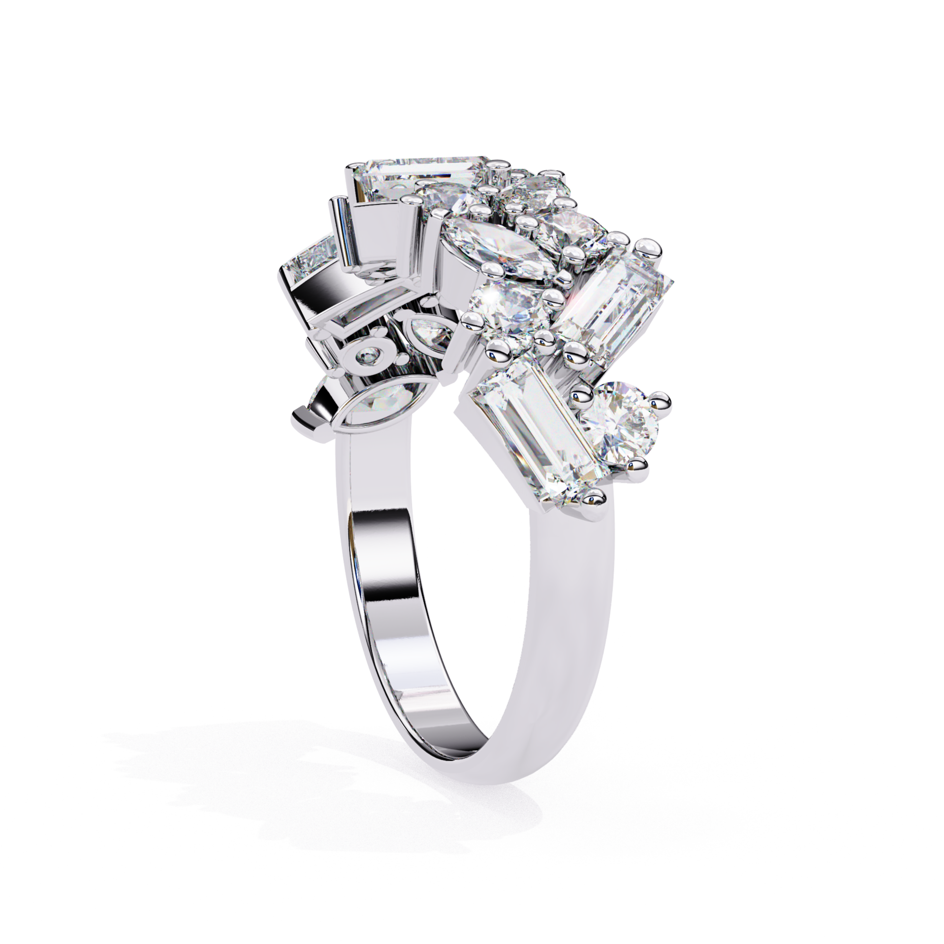 White gold ring with diamonds arranged in an intricate design.
