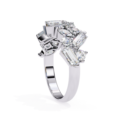 White gold ring with diamonds arranged in an intricate design.