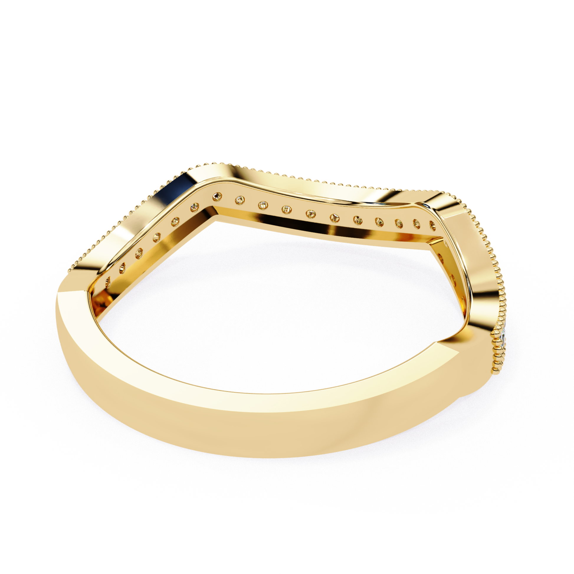 Inside view of curved diamond band in yellow gold