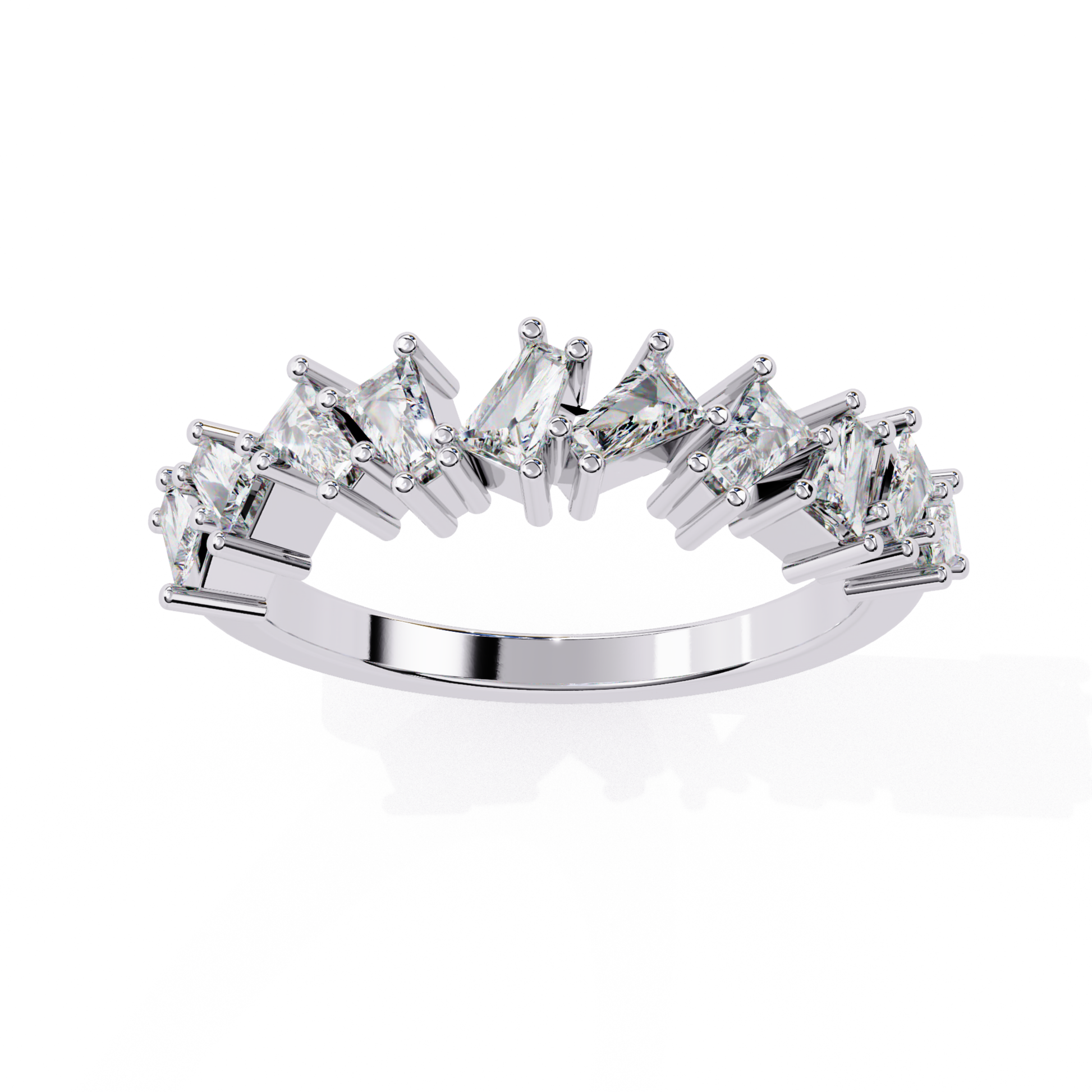 Side view of curved princess diamond band in white gold