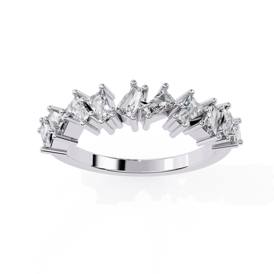 Side view of curved princess diamond band in white gold