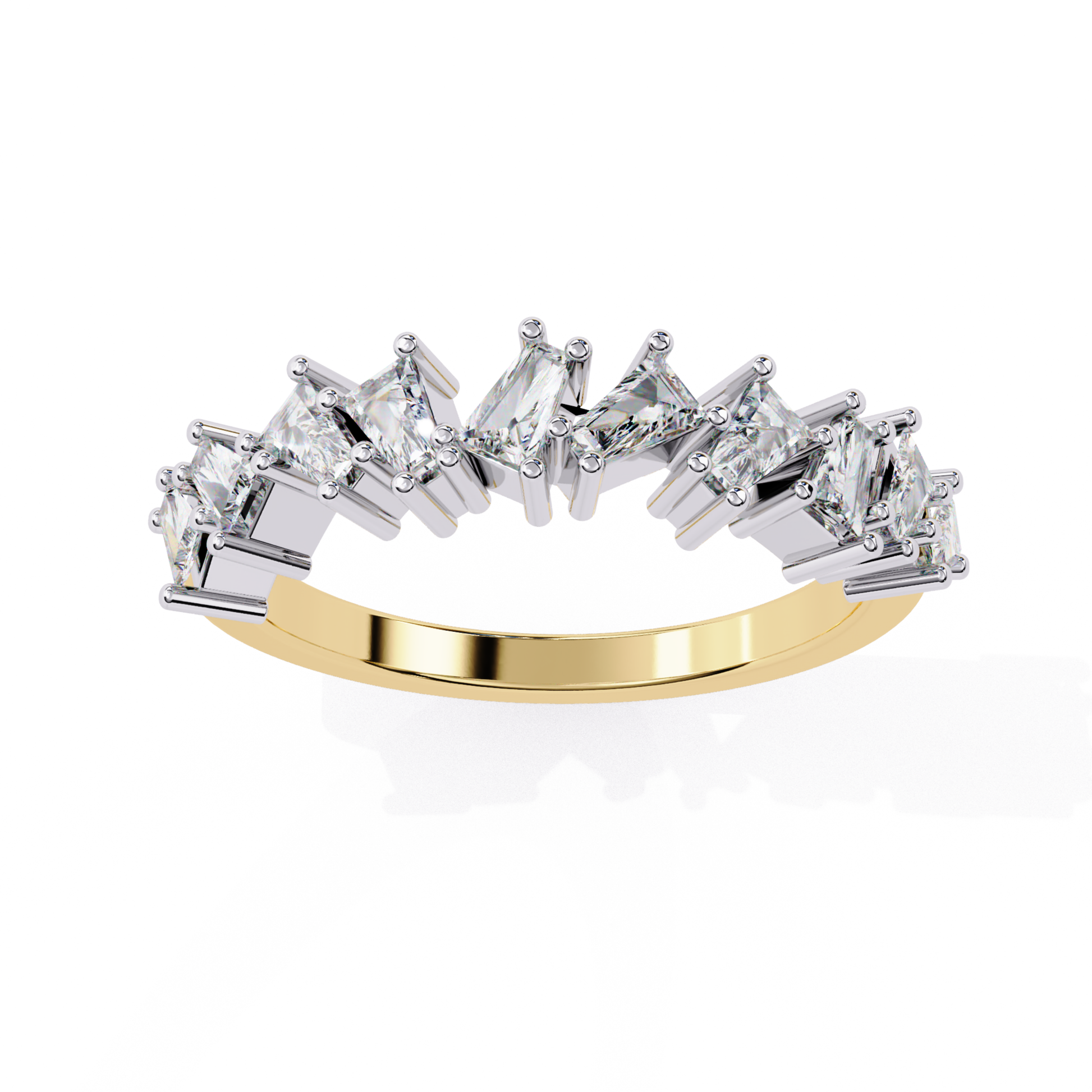 Curved princess cut diamond band in yellow gold front view