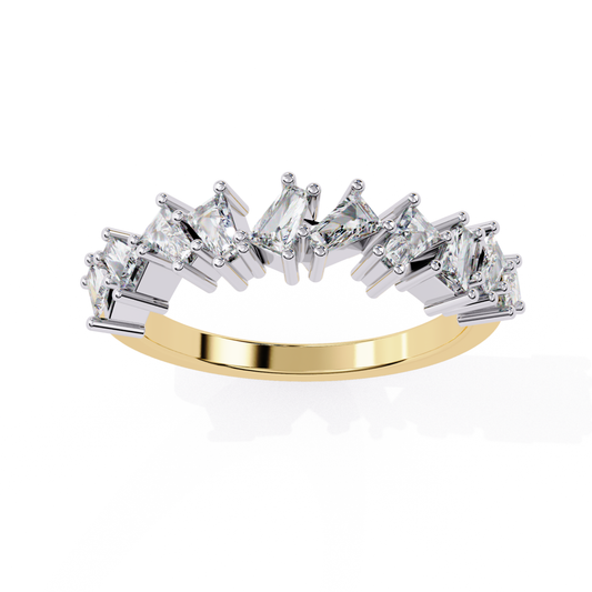 Curved princess cut diamond band in yellow gold front view