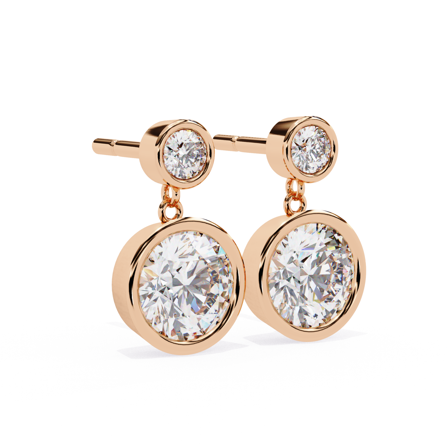 Charming rose gold drop earrings featuring round-cut diamonds in a stylish two-tiered setting for a refined and timeless appearance.