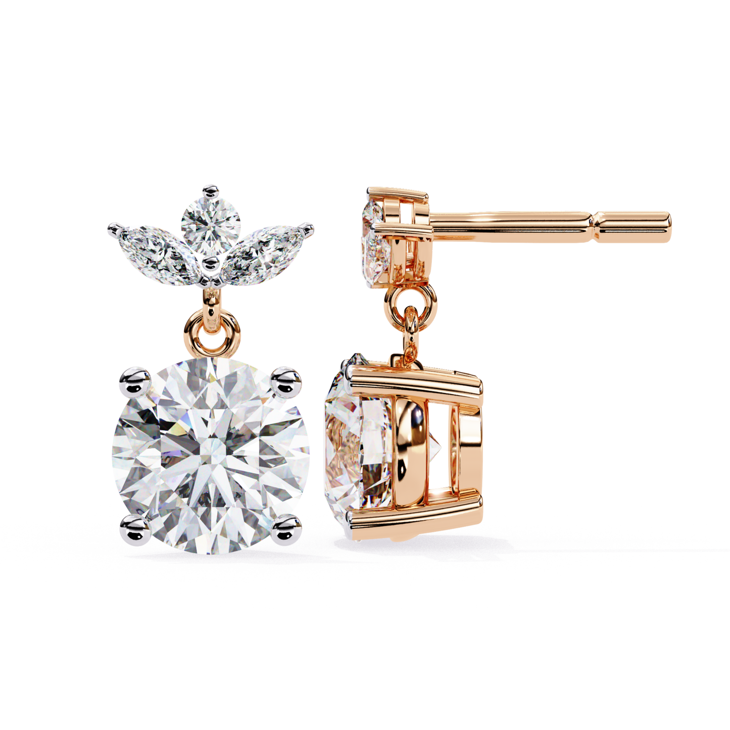 Beautiful diamond earrings with a floral design in rose gold, highlighted by sparkling round diamonds.