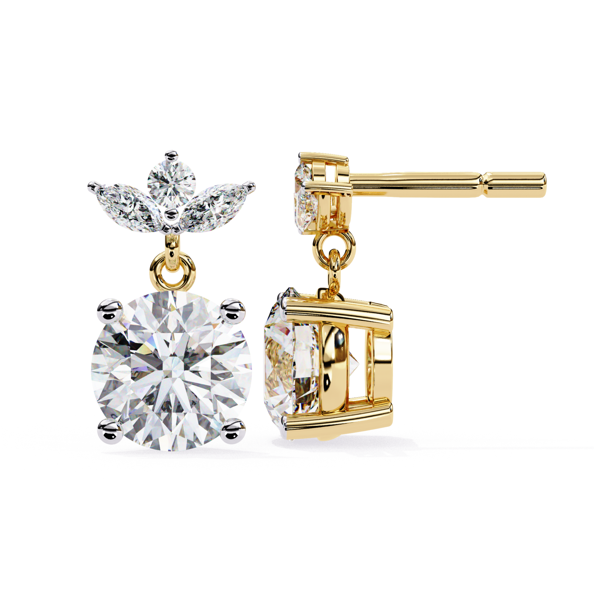  Elegant diamond earrings with a floral design in yellow gold, featuring round diamonds.