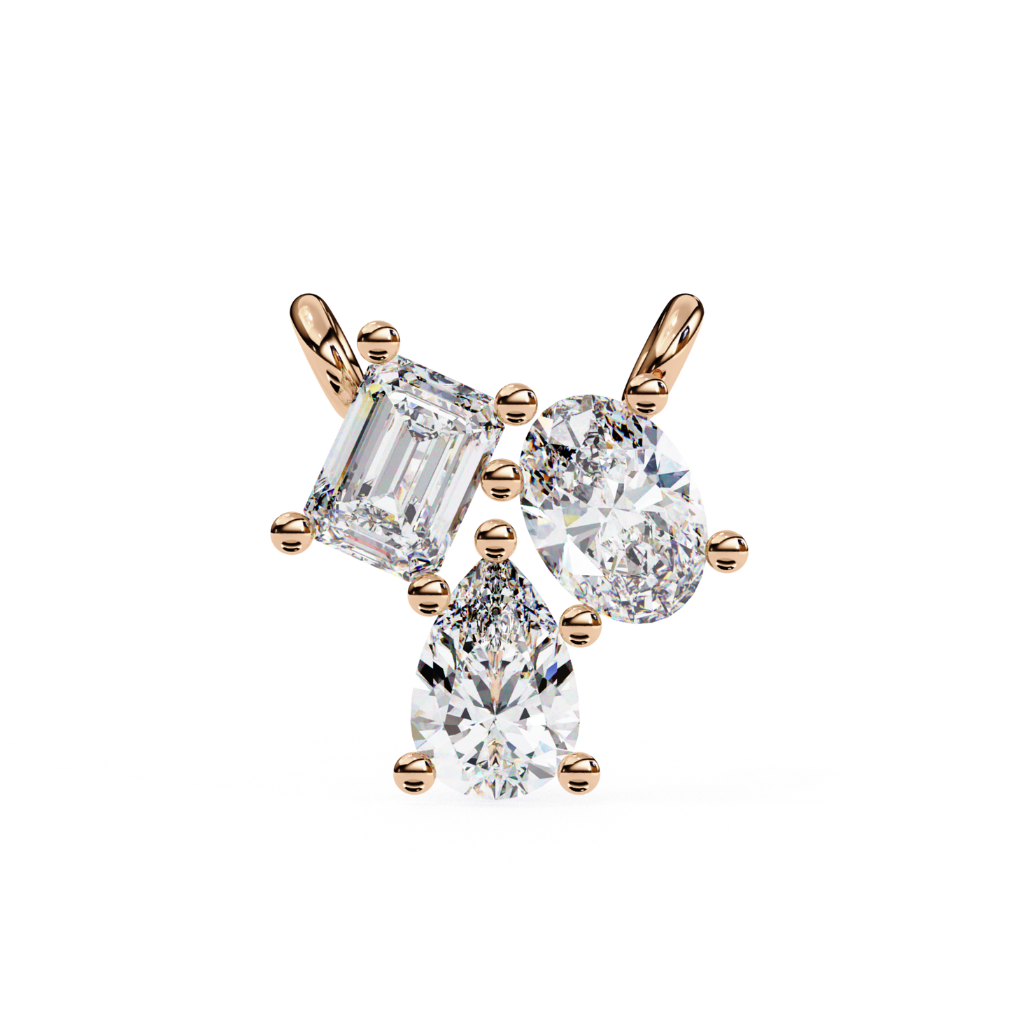 Three diamonds in different shapes set in a rose gold earring.